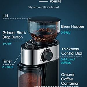 FOHERE Burr Coffee Grinder Electric, Coffee Bean Grinder with 18 Precise Grind Settings, 2-14 Cup for Drip, Percolator, French Press, Espresso and Turkish Coffee Makers, Black