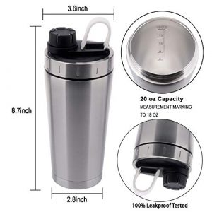 Stainless Steel Protein Shaker Bottle Insulated Keeps Hot/Cold Dishwasher Safe/Double Wall/Odor Resistant/Sweatproof/Leakproof/BPA Free 20 oz (Silver)