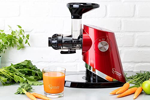 SANA 727 Supreme Slow Juicer Low Speed Masticating Juicer Extractor 4 Variable Speeds 120 RPM Large Capacity for Fruits and Vegetables, Milks, Butters Includes 132 Page Recipe Book US Voltage, Red