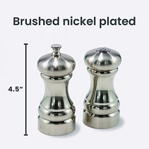 Olde Thompson Columbia Brushed Nickel Plated Mill Shaker Set Salt and Pepper, 4 x 2 x 4.5 inches, stainless steel (silver)