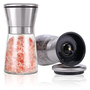 Herda 2 Pack Refillable Salt and Pepper Grinders Set - Pepper Mill with Stainless Steel Head- Short Glass Shakers with Adjustable Coarseness for Sea Salt, Black Peppercorn, Spices