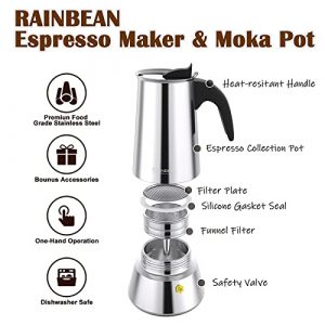 Stovetop Espresso Maker, RAINBEAN Stainless Steel Moka Pot 6 Cup(8.5 oz), Italian Coffee Maker Suitable for Induction Cookers