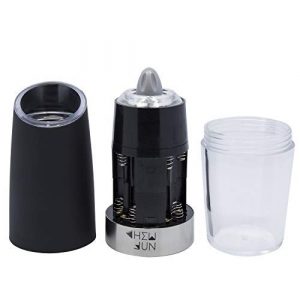 Electric Gravity Salt and Pepper Grinder Set with Adjustable Coarseness Automatic Pepper and Salt Mill Battery Powered with Blue LED Light,One Hand Operated,Brushed Stainless Steel by CHEW FUN