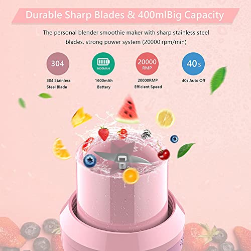 Zuccie Portable Blender 14 Oz, Mini Blender for Shakes and Smoothies, Small Blender with Magnetic Charging Port, Personal Blender for Outdoor, Hand Blender Cup, Electric Mini Juicer, Pink