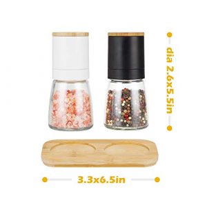 Vucchini Salt and Black Pepper Grinder Set - Bamboo Lid and Wood Stand Refillable Sea Salt Grinder Shaker Mills (black and white)