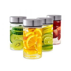 Juice Bottles - 4 Pack Wide Mouth Glass Bottles with Lids - for Juicing, Smoothies, Infused Water, Beverage Storage - 10oz, BPA Free, Stainless Steel Lids, Leakproof, Reusable, Borosilicate