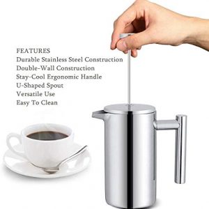 Meelio Small French Press Coffee Maker, Double-Wall Insulated French Press Coffee Press Stainless Steel, Included 2 Extra Fliters and 1 Coffee Spoon (350ML, 12 OZ)