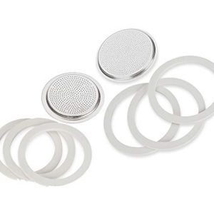 Bialetti Moka Express #06799 3-Cup Espresso Maker Machine and #06960 Bialetti, Six Replacement Gaskets and Two Bialetti Replacement Filter Plates Bundle