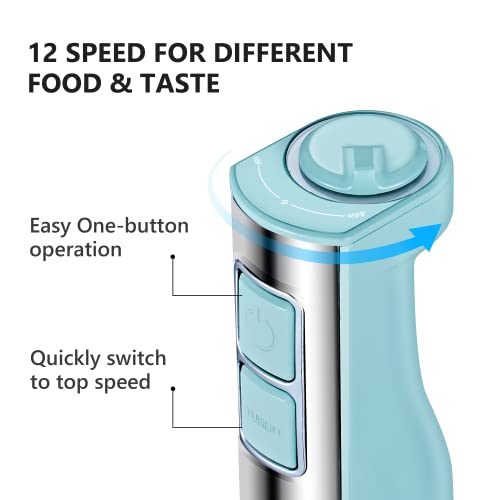 5-in-1 Immersion Blender, REDMOND Hand Blender 12-Speed Powerful Electric Stick Blender with 4 Stainless Steel Attachments, with Egg Whisk, Milk Frother, Food Chopper and Container for Smoothie, Food and Juice - Blue Green