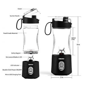 Portable Blender 2 USB Rechargeable, OBERLY Upgraded Personal Juicer Bottle for Protein Shakes and Smoothies, Crush Ice, Frozen Fruit and Drinks, 13oz Travel Cup for Car, Camping