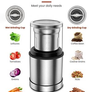 Coffee Grinder Spice Grinder Electric Grinders for Herb, 2 Removable Stainless Steel Grinding Bowls for Wet Dry Ingredients 12 Cups Capacity 200W 120V Silver
