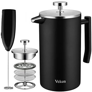 Veken French Press Coffee maker, Double-Wall 304 Stainless Steel Coffee Press with Multi-Screen System, Rust-Free, Dishwasher Safe, (1L), Black
