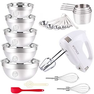 Electric Hand Mixer with Mixing Bowls Set, 5-Speeds Handheld Mixers with Whisks Beater Stainless Steel Metal Nesting Mixing Bowl Measuring Cups Spoons Kitchen Mixer Blender for Baking Supplies Prepping