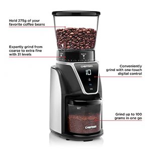 Chefman Conical Burr Coffee Grinder, Create The Boldest & Most Flavorful Grind With 31 Settings From Coarse To Extra Fine, One-Touch Digital Control & 9.7-oz Bean Capacity