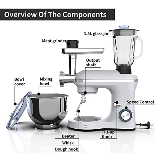3 in 1 Stand Mixer 6 Speed Tilt-Head Kitchen Standing Mixer with 6.5QT Stainless Steel Bowl, 850W Dough Hook Whisk Beater, Meat Blender and Juice Extractor Silver