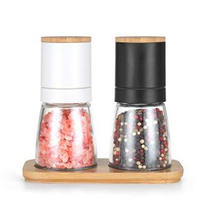 Vucchini Salt and Black Pepper Grinder Set - Bamboo Lid and Wood Stand Refillable Sea Salt Grinder Shaker Mills (black and white)