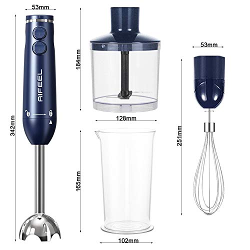 Hand Blender - 500 Watt Immersion Electric Stick Blender Set with 500ML Food Processor, 600ML Measuring Cup, SUS blending attachment and Wire Whisk - Blue (Classical Type)