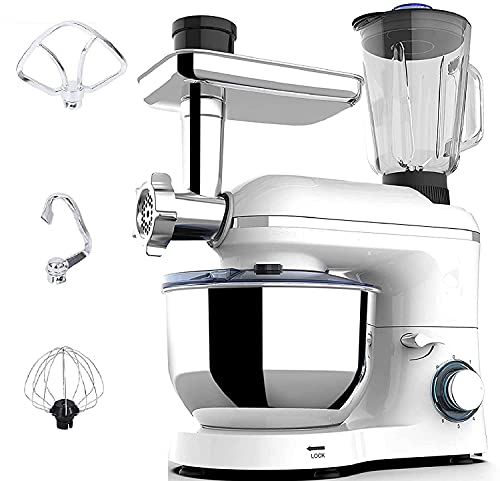 3 in 1 Stand Mixer Tilt-Head Kitchen Standing Mixer with 6.5QT Stainless Steel Bowl, Dough Hook Whisk Beater, Meat Blender, and Juice Extractor 850W 6 Speed (White)