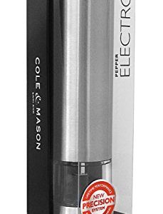 COLE & MASON Hampstead Electric Pepper Grinder with LED Light - Electronic Battery Operated Peppercorn Mill, Stainless Steel