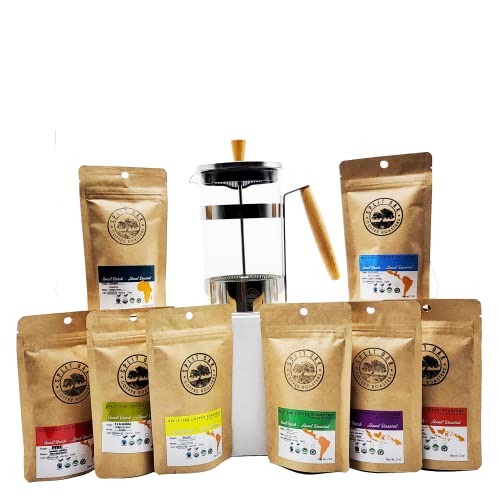 Best Coffee Gift Box Set 8 assorted coffees +1 French Press Glass Coffee Maker. Sumatra Timor Uganda Ethiopia Colombia Guatemala. All Amazing Coffee from all Over the World