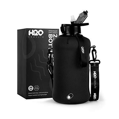 H2O Capsule 2.2L Half Gallon Water Bottle with Storage Sleeve and Covered Straw Lid – BPA Free Large Reusable Drink Container with Handle - Big Sports Jug, 2.2 Liter (74 Ounce) Jet Black