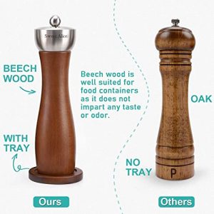 Salt and Pepper Grinders Refillable ​Set, Beech Wood Pepper Mill with Ceramic Mechanism, Solid and Durable Salt Grinders Suited for Sea Salt, Black Peppercorn (6'', Brown Set of 2)