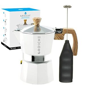 GROSCHE Milano Stove top espresso maker (3 espresso cup size 5 oz) White, and battery operated milk frother bundle for lattes