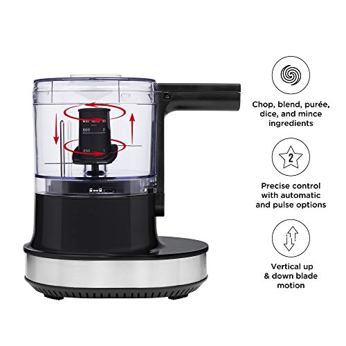 Chefman Electric 4-Cup Food Chopper Blender with Revolutionary Vertical Motion Auto-Chopping for Perfectly Even Mixing Results, Dishwasher-Safe Stainless Steel Dual Blades, BPA-Free Bowl & Lid, Black