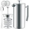 Large French Press Coffee Maker - 50oz, 1.5L Double Wall 304 Stainless Steel Coffee Press - 4 Level Filtration System with 2 Extra Filters, Silver