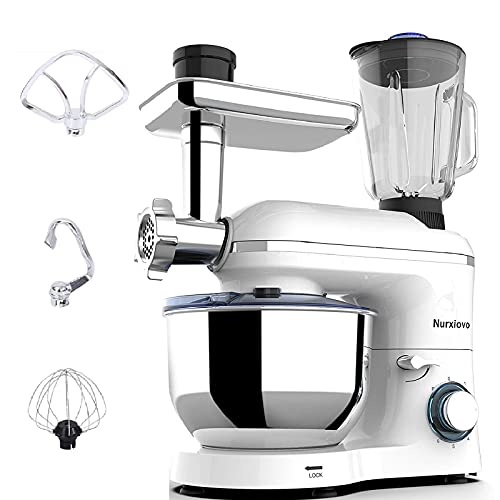 Nurxiovo 3 in 1 Stand Mixer 850W Kitchen Food Standing Mixer with 6 Speed and Pulse, Home mixer with 6.5 QT Stainless Steel Bowl, Dough Hook, Whisk, Beater, Meat Blender and Juice Extracter White