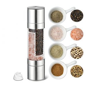 ERKIU Salt and Pepper Grinder, 2 in 1 Stainless Steel Pepper Mill and Salt Mill with Adjustable Ceramic Rotor-Sea Salt, Black Pepper, Fits in Home, Kitchen, Barbecue