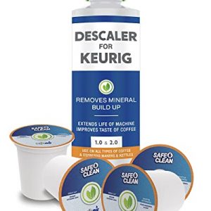 Descaling Solution and Cleaning Kit for Keurig 1.0 & 2.0 K Cup Coffee Machines. 3 Month Supply. 2 uses per Bottle & 4 Cleaner Pods. Removes Limescale & Cleans Pod Area. Eco Friendly
