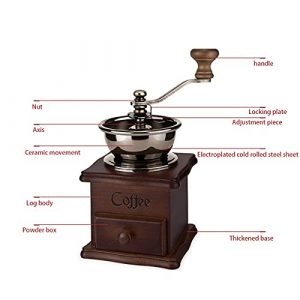 A + kitchen Wooden Manual Coffee Grinder Vintage Style Hand Coffee Mill Burr Coffee Grinder with Ceramic Hand Crank+Wooden Manual Coffee Grinder Cleaning Brush, Brown, 20 x 9.5 x 16.5 cm (A3329)