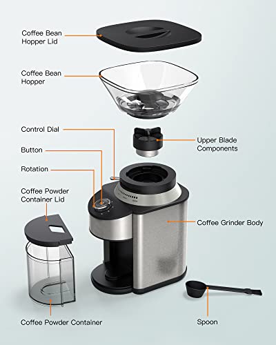 Burr Coffee Grinder, Famiworths Stainless Steel Conical Burr Grinder with 19 Precise Grind Settings, Coffee Grinder Electric for Espresso, French Press, Drip and Percolator Coffee