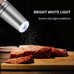 Gravity Electric Salt and Pepper Grinder Set, Automatic Salt and Pepper Mill Grinder, Battery Operated with White LED Light, Adjustable Coarseness, One Handed Operatione, Stainless Steel by ChiChefs