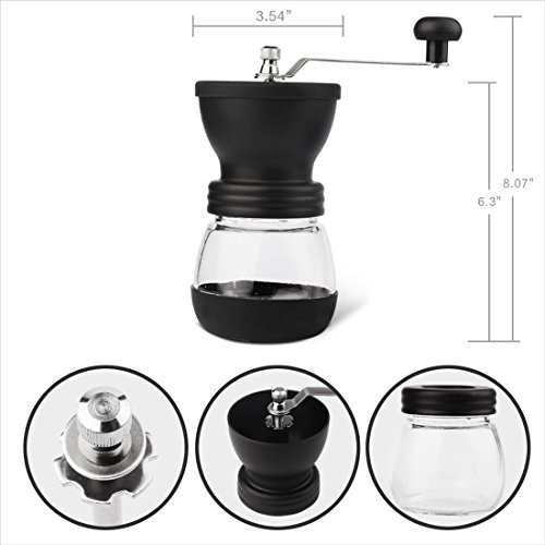 Manual Coffee Grinder with Ceramic Burrs, Hand Coffee Mill with Two Glass Jars(11oz each), Brush and Tablespoon Scoop