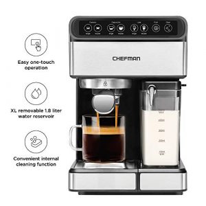 Chefman 6-in-1 Espresso Machine,Powerful 15-Bar Pump,Brew Single or Double Shot, Built-In Milk Froth for Cappuccino & Latte Coffee, XL 1.8 Liter Water Reservoir, Dishwasher-Safe Parts, Stainless Steel