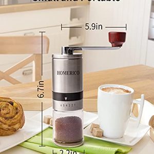 Homerico Manual Coffee Grinder with External Adjustments, Ceramic Conical Burr Mill & Stainless Steel Waterproof Body, Small Portable Hand Coffee Bean Grinders for French Press, Espresso, Turkish Brew