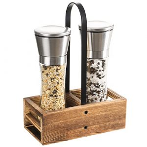 Giikin Rustic Salt and Pepper Grinder Set, Wood Box and Galvanized Caddy Salt and Pepper Mill Set, Countertop Salt and Pepper Shakers Set for Country Kitchen Decor (Black Metal)