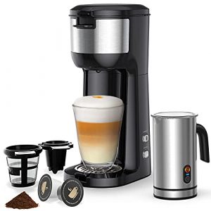 Single Serve Coffee Maker with Milk Frother, Single Cup Coffee Brewer for K cup and Ground Coffee, Cappuccino Machine and Latter Maker Bundle