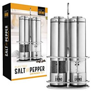 ProGrind Electric Salt and Pepper Grinder Set (2 Pack) One-Touch Operation with Adjustable Coarseness and LED Light - Premium Steel Salt and Pepper Mills Include Stainless Steel Metal Stand