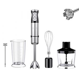 HOUCAE Hand Blender, Turbo for Finer Results, 4-in-1 Gift Set, 500 Watt 6-Speed Immersion Multi-Purpose Hand Blender Heavy Duty Copper Motor Brushed 304 Stainless Steel With Whisk, Milk Frother Attachments. Black.