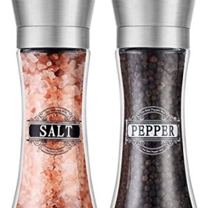 Salt and Pepper Grinder Set, YYC Stainless Steel Salt Pepper Grinders,Unique Pattern/Font Label Design,Pepper Grinder Refillable, Adjustable Coarseness,Suitable for Sea Salt,Pepper etc
