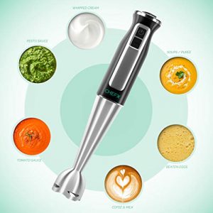 CHEFX 5-in-1 Immersion Blender - 9 Speed Ultra Powerful Stainless Steel Hand Mixer for Kitchen - Electric Handheld Stick Frother - Chop/Grind/Whisk/Froth/Blend - Turbo Mode - Food Grinder + Container