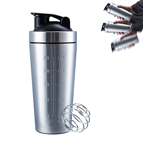 Shaker Bottle with Wire Whisk, Protein Shaker Bottle for Protein Mixes,Valeska Stainless Steel Shaker Bottle, Metal Shaker Bottle,Large Shaker Bottle 25oz (739ml), BPA Free,Leak Proof Design