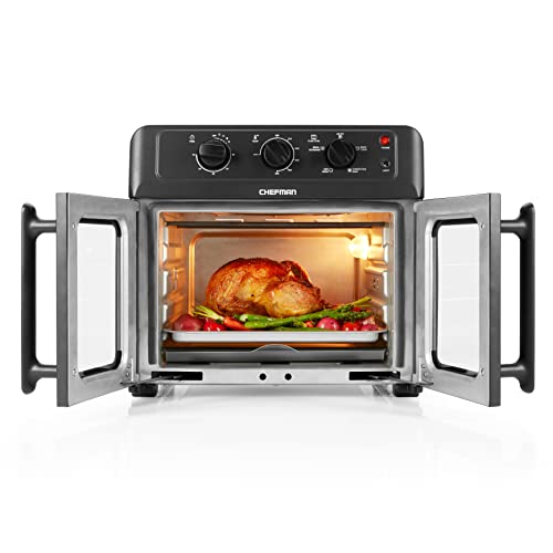 Chefman Extra Large Air Fryer and Convection Oven with French Doors and Rotisserie Spit, The Easiest Way to Cook Oil-Free, Double Wide Glass Windows Open for Convenient Access and Viewing, 24.5 Liters