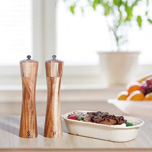 Wooden Salt and Pepper Grinder Set, Manual Pepper Grinder with Wood Spoon, Adjustable Coarseness and 3OZ Capacity for Kitchen, Pack of 2