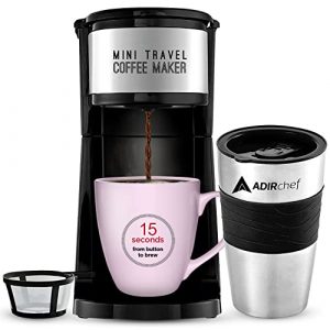 ADIRchef Mini Travel Single Serve Coffee Maker & 15 oz. Travel Mug Coffee Tumbler & Reusable Filter For Home, Office, Camping, Portable Small and Compact (Black)