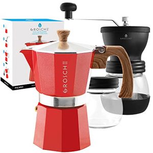 GROSCHE Milano Stovetop Espresso Maker Red 6 espresso cup size and Bremen Manual Coffee grinder Bundle includes moka pot and Grinder