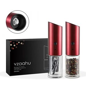 Vzaahu Gravity Electric Pepper and Salt Grinder Set of 2 - Rechargeable, Refillable, Adjustable Coarseness, Stainless Steel Salt Pepper Mill with LED light - One Hand Operation, Red